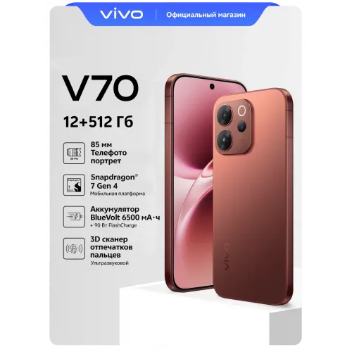Смартфон vivo V70 12ГБ+512ГБ, Android 16, 5G, 6500 мА·ч, IP69, коричневый